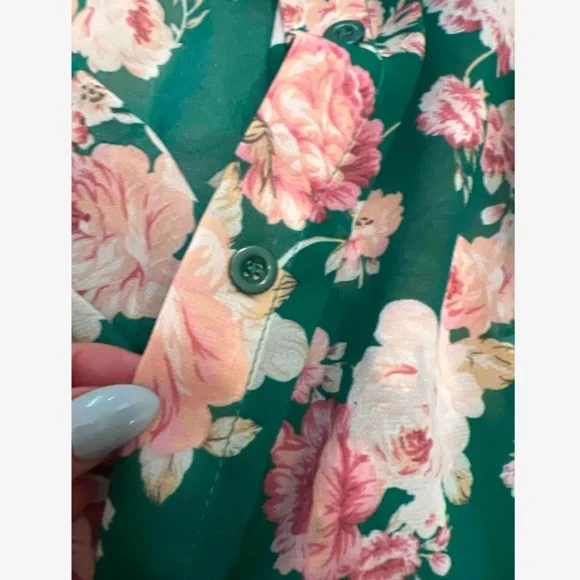 Green Button Down Shirt Long Sleeve Rose Floral Print Pink - Picture 9 of 11